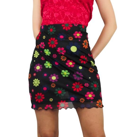 Y2k Black Rainbow Floral Flowers Mini Skirt with Lettuce Hem Medium - Picture 1 of 5